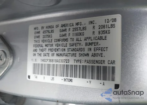 2009 Honda Accord 3.5 Ex-L z USA, uszkodzony, nr VIN 1HGCP36819A030723